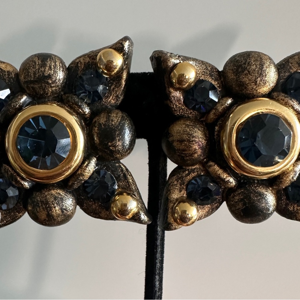 Stunning vintage French 1980s Gold-Tone and Navy Crystal Clip Earrings